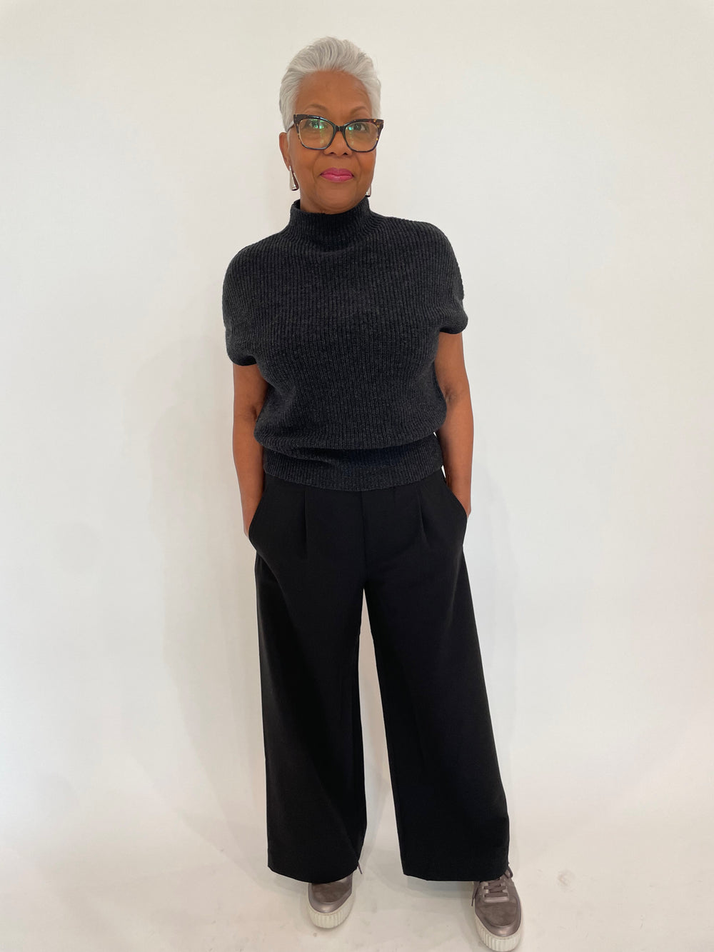 Lilla P. Ribbed Funnel Neck Sweater in Caviar paired with Wide Leg Pull On-Pants in Black available at Barbara Katz