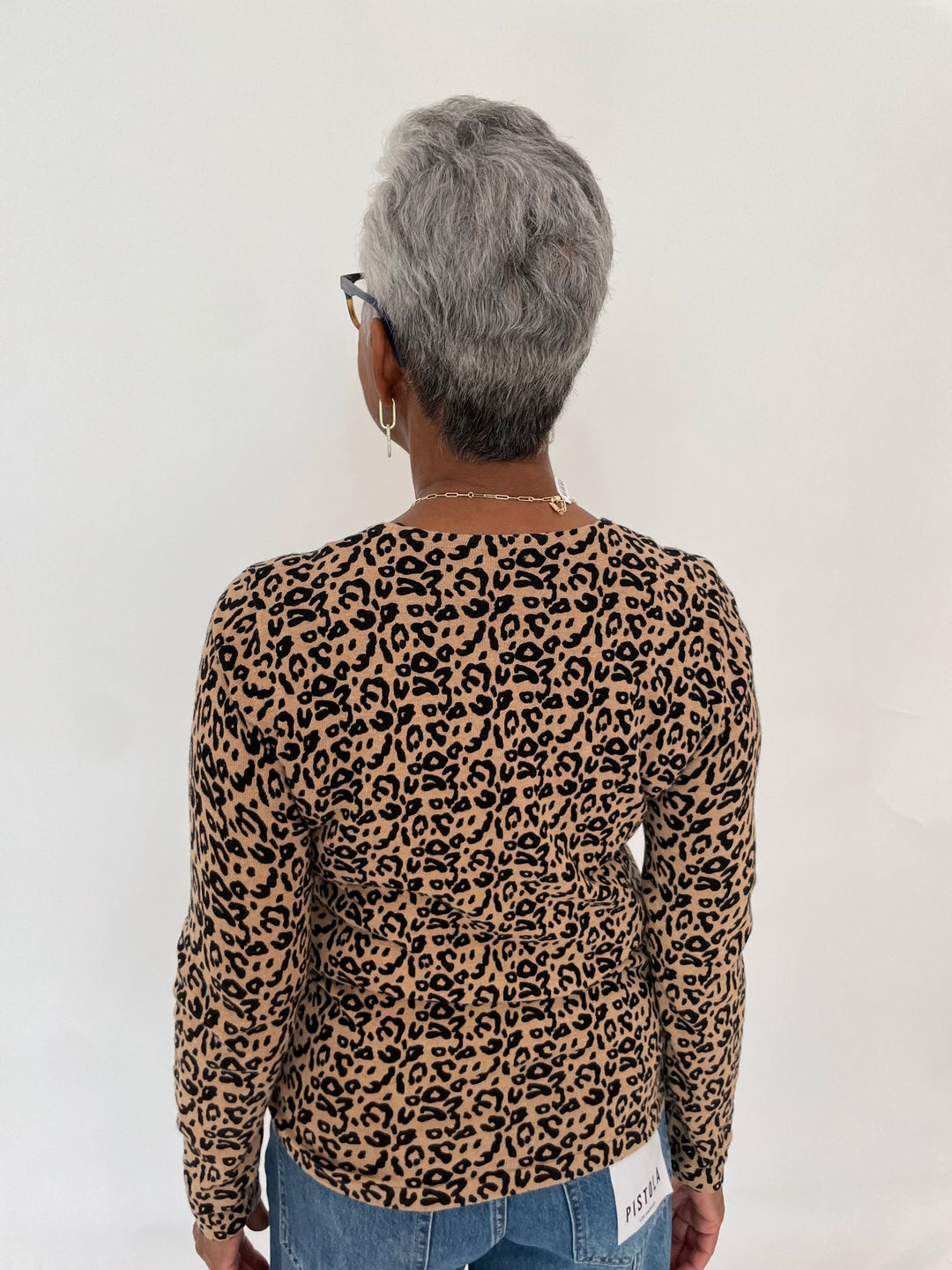 Edinburgh Knitwear Leopard Print Crew Sweater in Camel/Black available at Barbara Katz