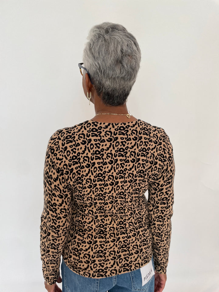 Edinburgh Knitwear Leopard Print Crew Sweater in Camel/Black available at Barbara Katz