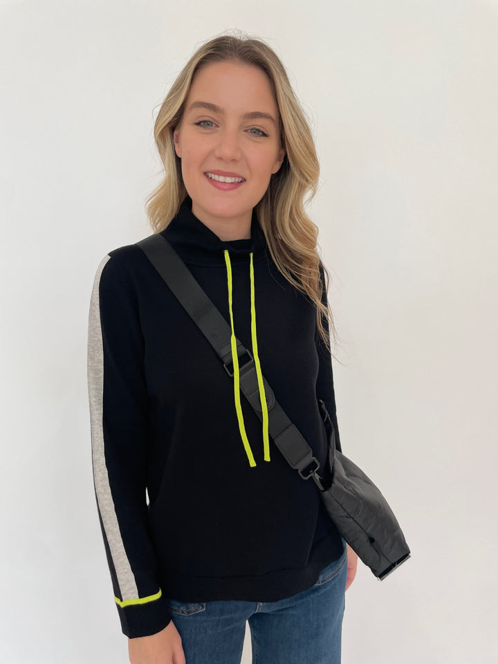 Edinburgh Knitwear Sporty Pop Funnel Neck Sweater in Black/Lime/Grey available at Barbara Katz