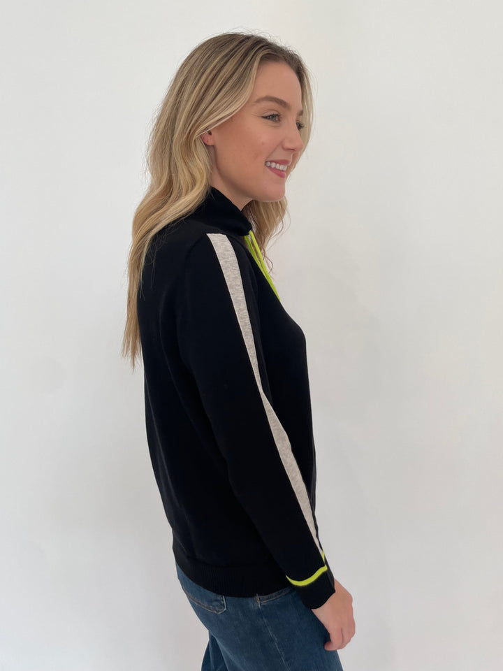 Edinburgh Knitwear Sporty Pop Long Sleeve Funnel Neck Sweater in Black/Lime/Grey available at Barbara Katz