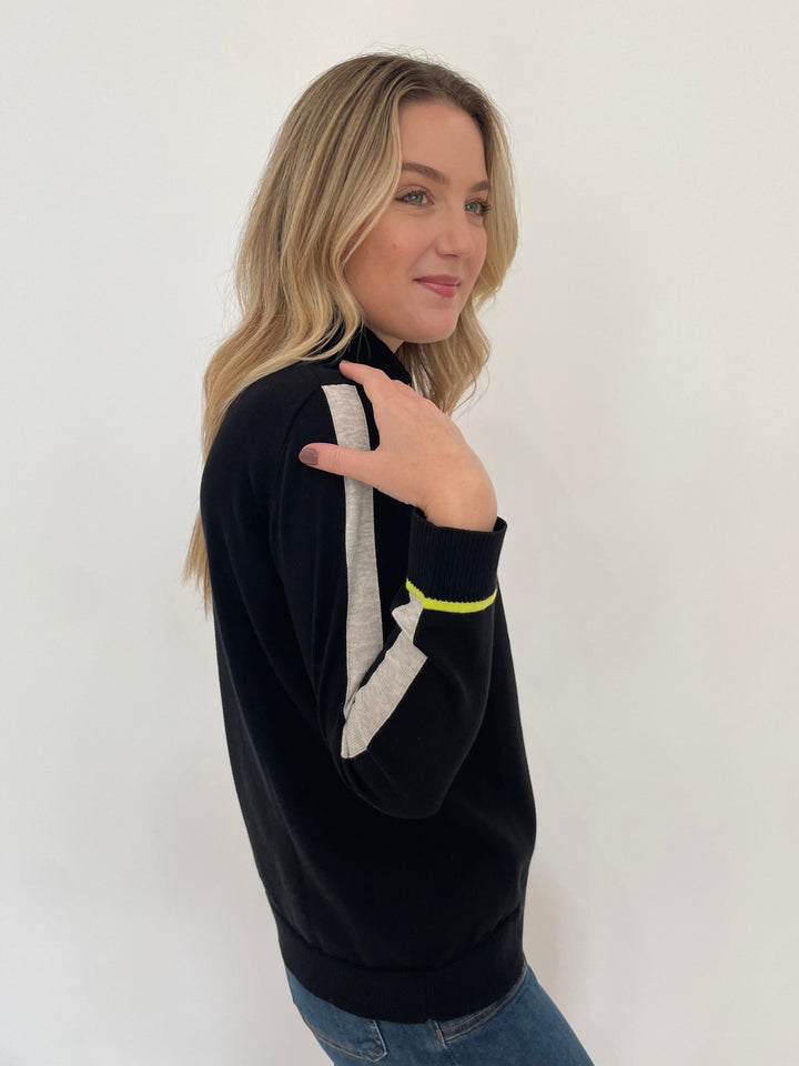 Edinburgh Knitwear Sporty Pop Funnel Neck Long Sleeve Sweater in Black/Lime/Grey available at Barbara Katz