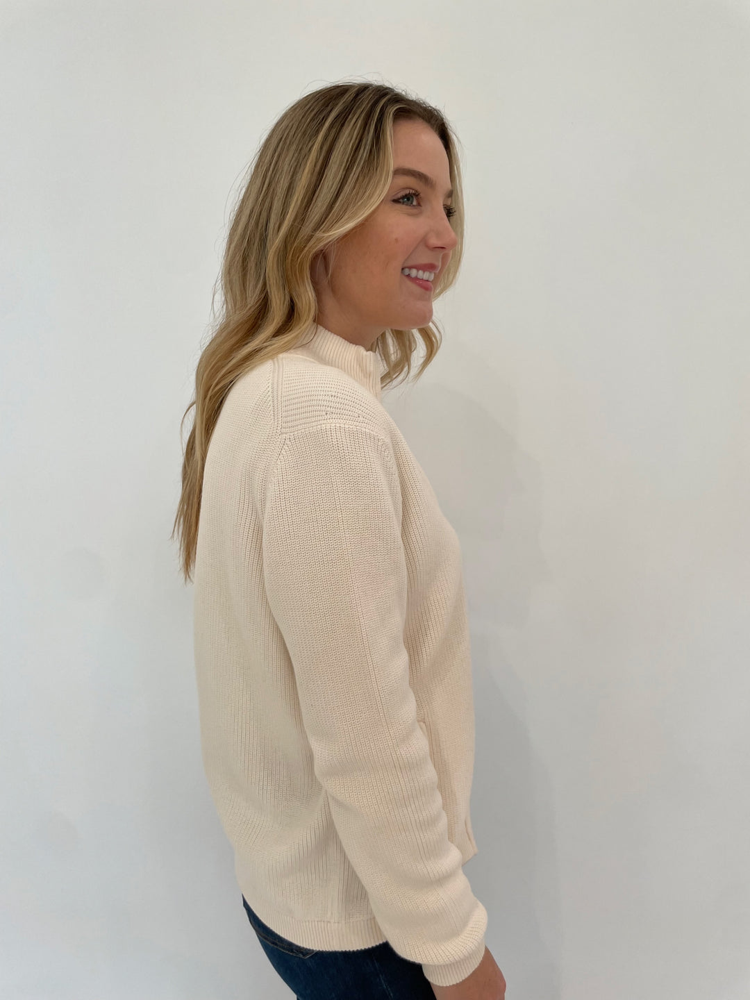 Edinburgh Knitwear Shaker Knit Long Sleeve Jacket in White available at Barbara Katz