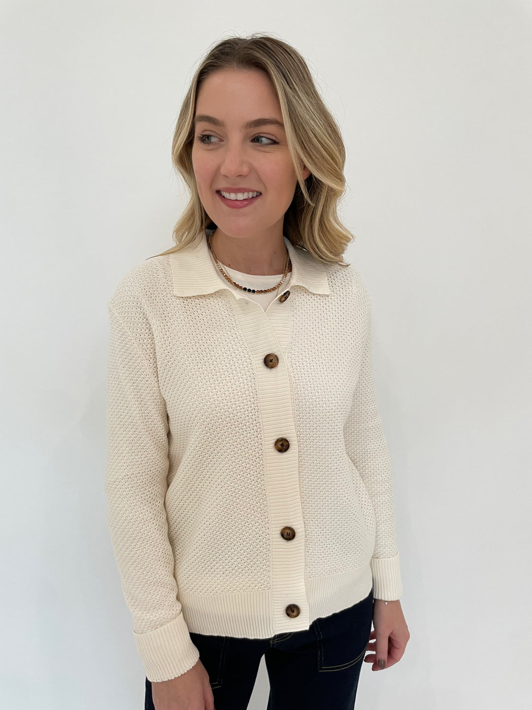 Edinburgh Knitwear Mesh Knit Jacket in White available at Barbara Katz