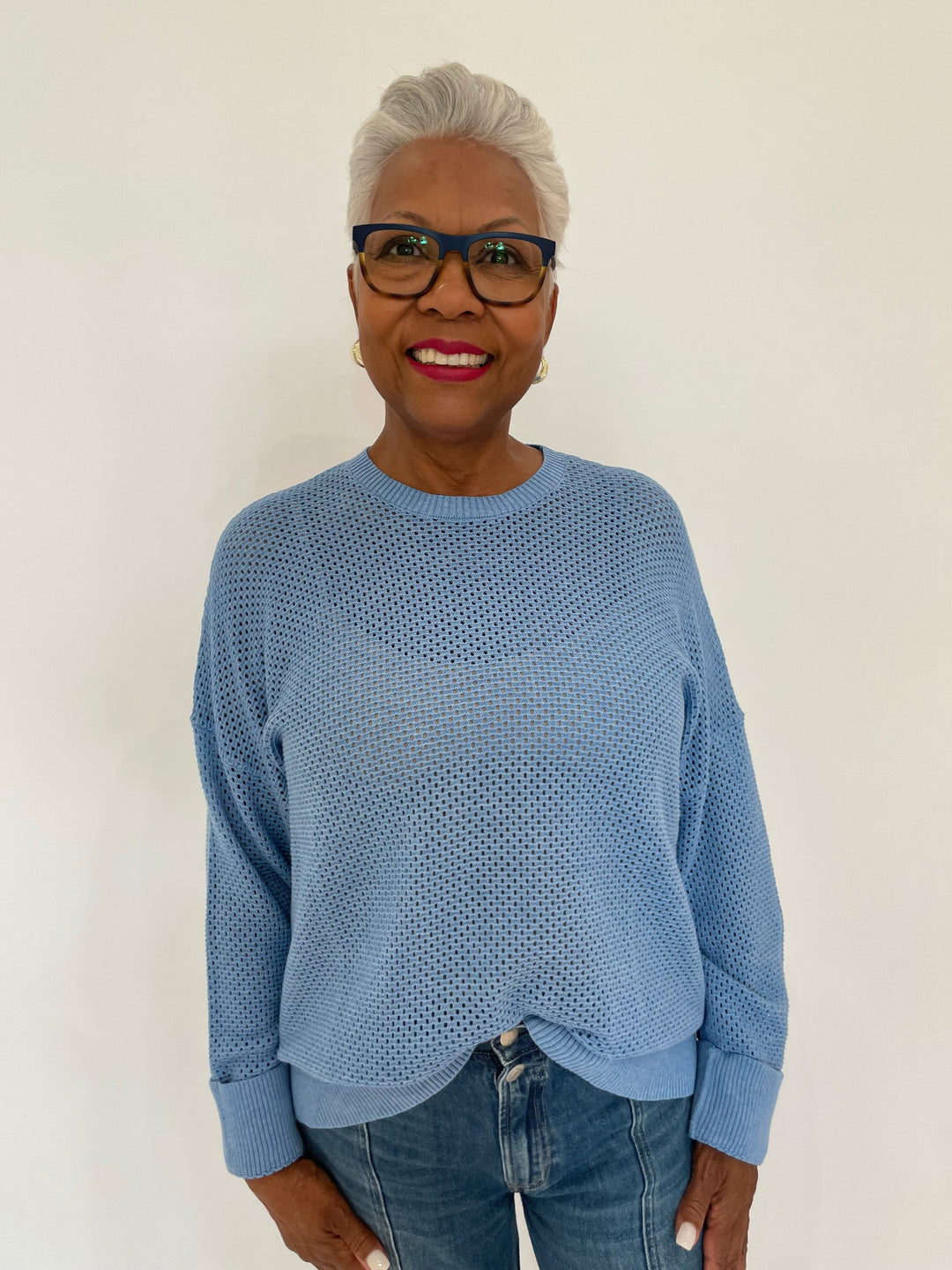 Edinburgh Knitwear Textured Crew Sweater in Blue Heather available at Barbara Katz