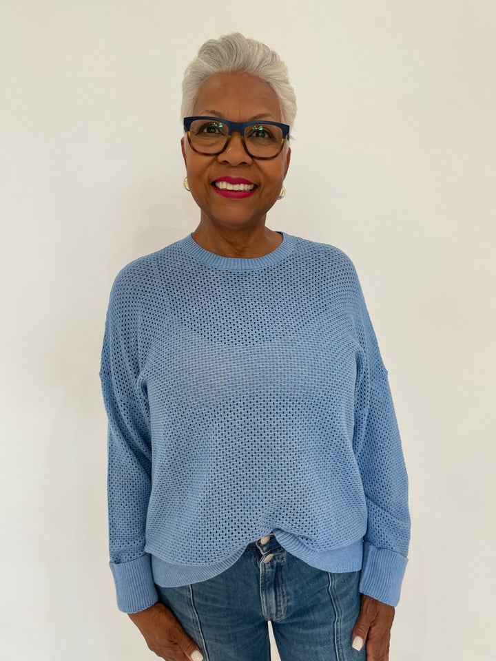 Edinburgh Knitwear Textured Crew Sweater in Blue Heather available at Barbara Katz