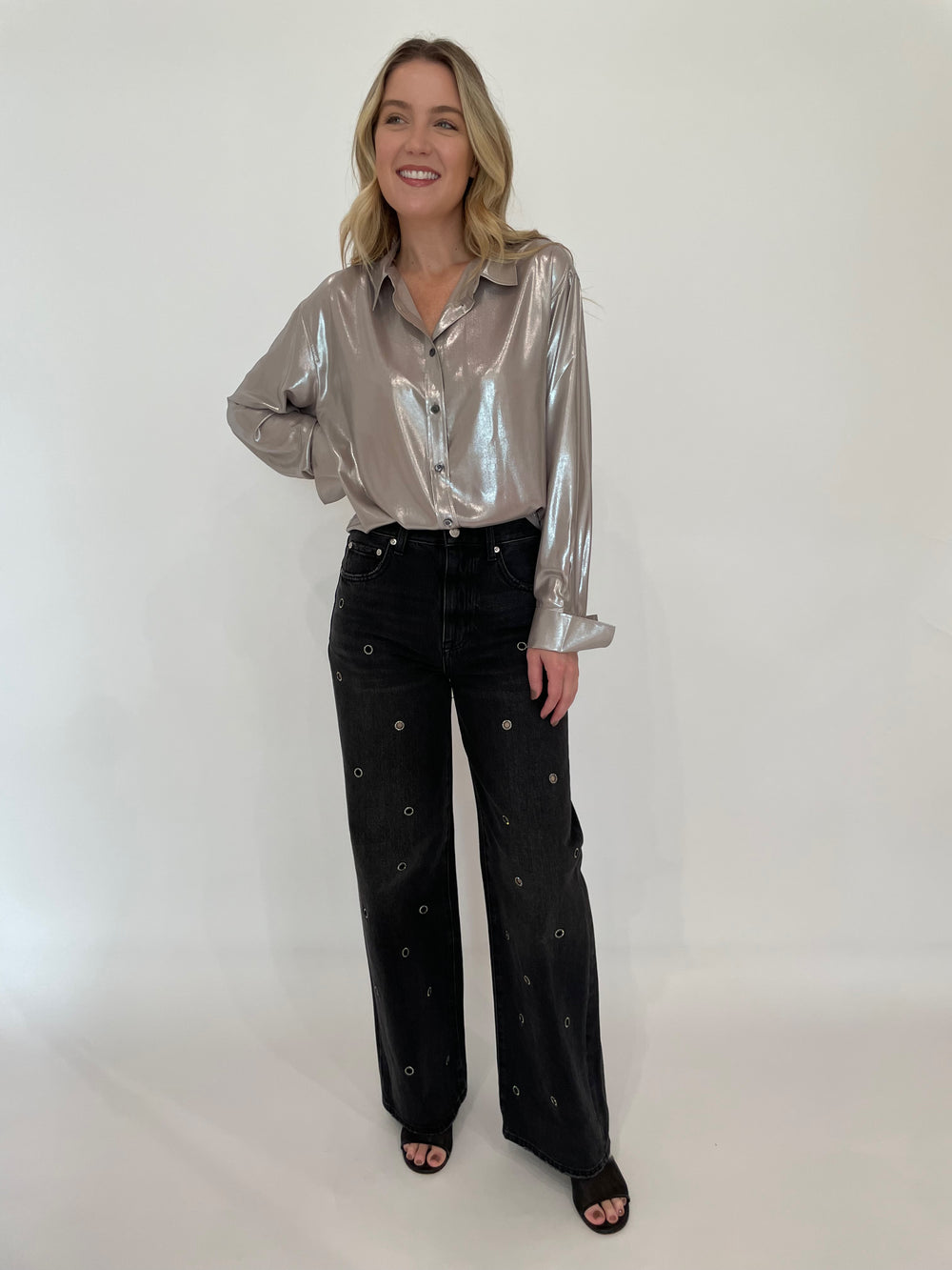 Frame The Standard Shirt in Silver Lame paired with Pistola Hendrix High-Rise Relaxed Jeans in Glamour available at Barbara Katz