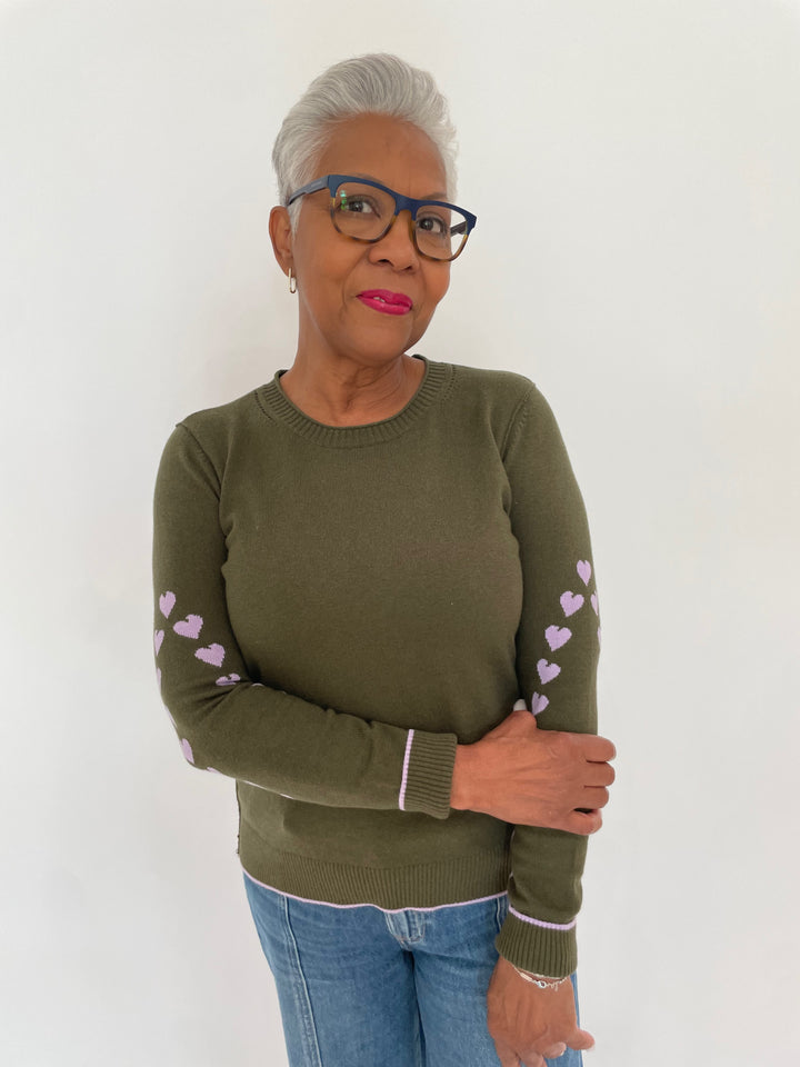 Lisa Todd Love Notes Heart Sweater in Eden, paired with Pistola Jadyn Double Button Low Slung Palazzo Jeans in Celebration available at Barbara Katz