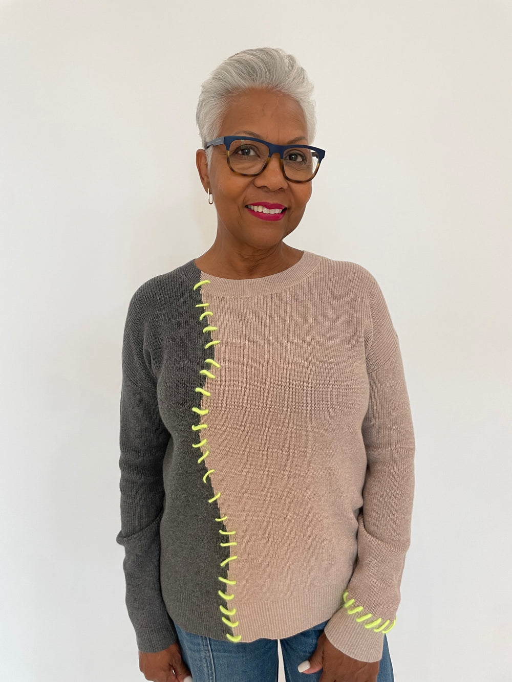 Lisa Todd Split Happens Whipstitch Sweater in Chai/Charcoal available at Barbara Katz