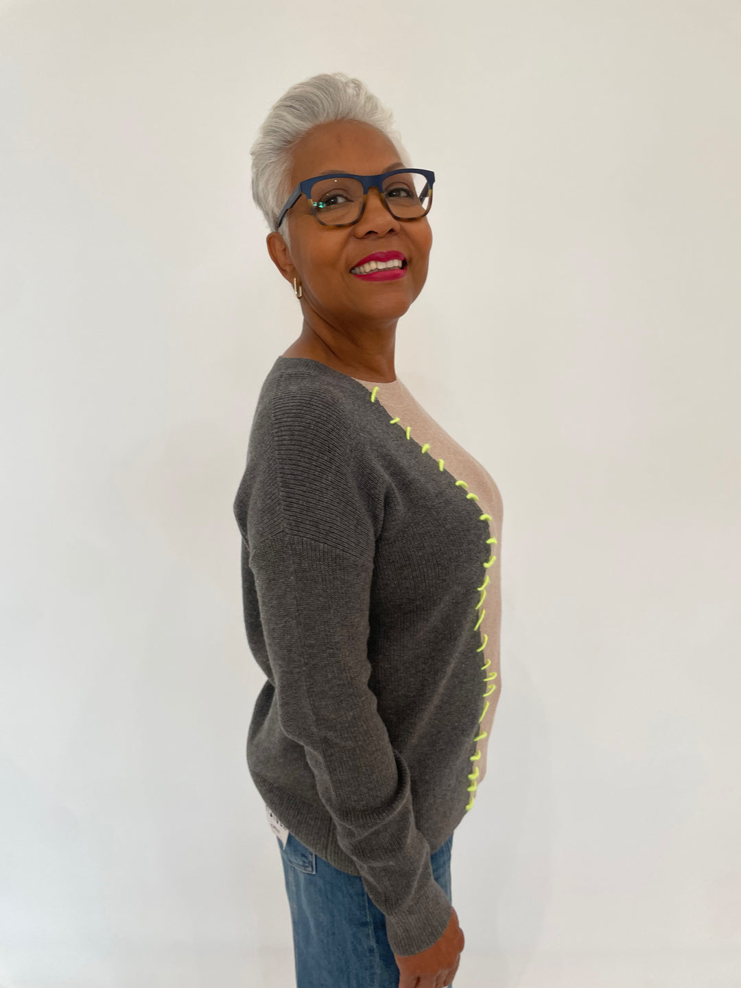 Lisa Todd Split Happens Whipstitch Long Sleeve Sweater in Chai/Charcoal available at Barbara Katz