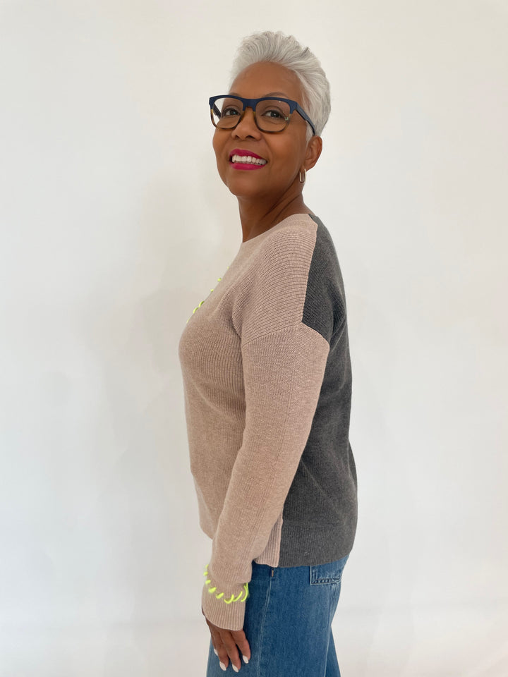 Lisa Todd Split Happens Whipstitch Crew Sweater in Chai/Charcoal available at Barbara Katz