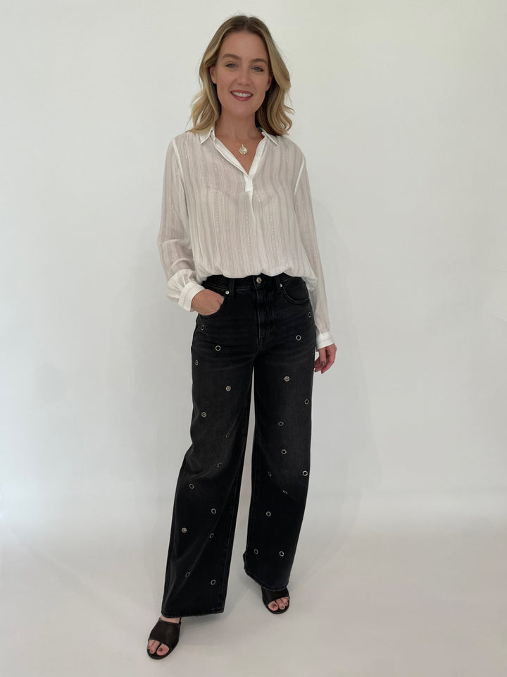 BK Starlight Stripe Long Sleeve Blouse in White paired with Pistola Hendrix High-Rise Baggy Jeans in Glamour, Melinda Maria Sweet Dreams Necklace in Gold/White Diamondettes - all available at Barbara Katz