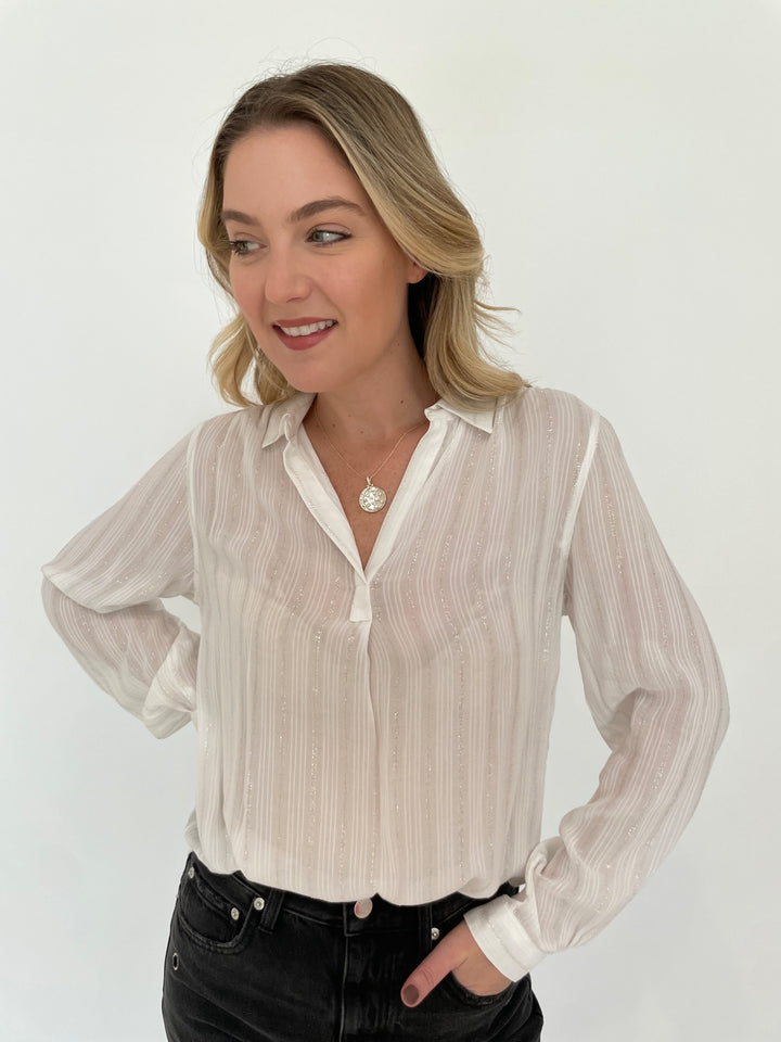 BK Starlight Stripe Long Sleeve Top in White paired with Pistola Hendrix High-Rise Baggy Jeans in Glamour, Melinda Maria Sweet Dreams Necklace in Gold/White Diamondettes - all available at Barbara Katz