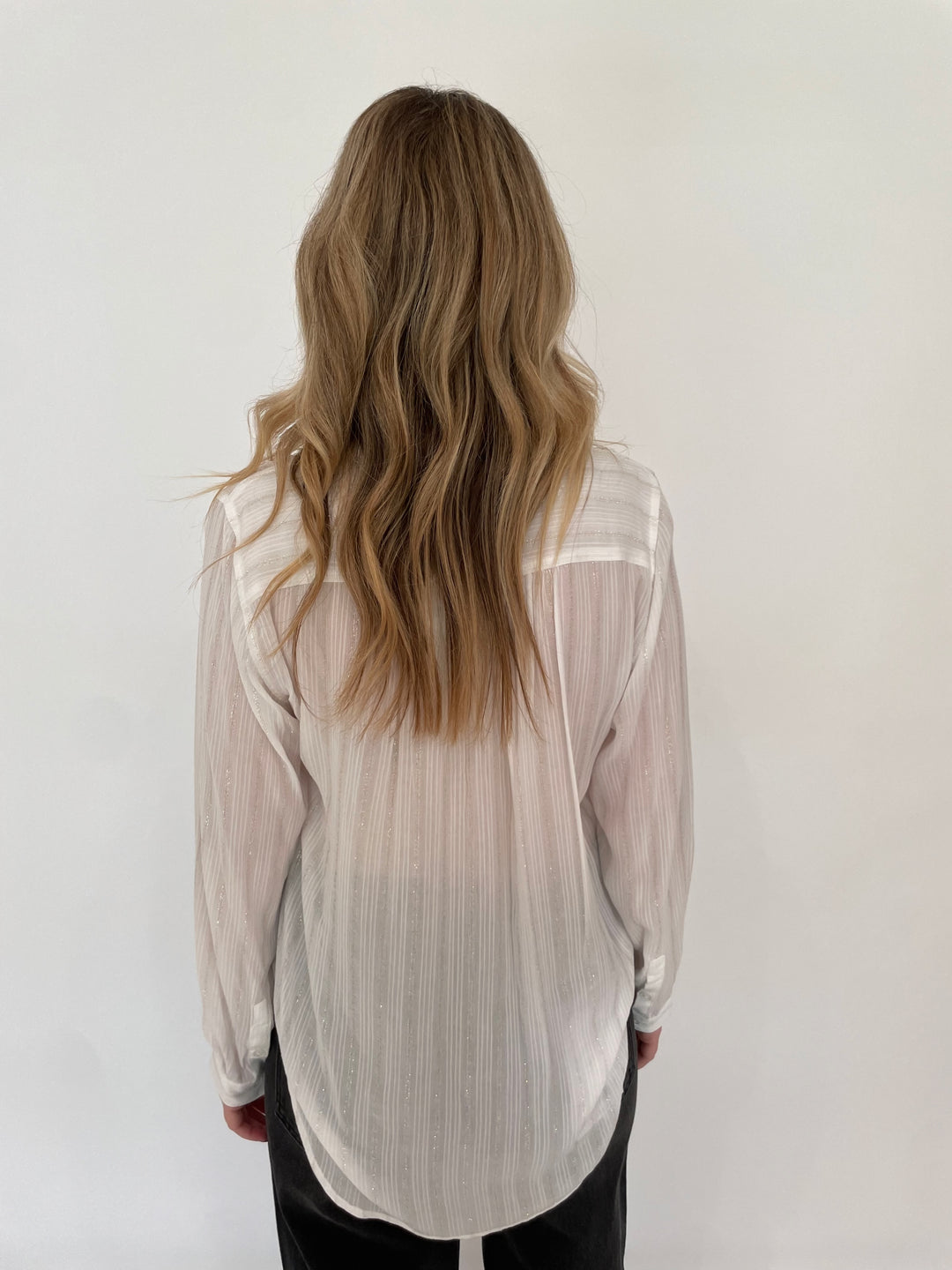 BK Starlight Stripe Long Sleeve Lurex Blouse in White available at Barbara Katz