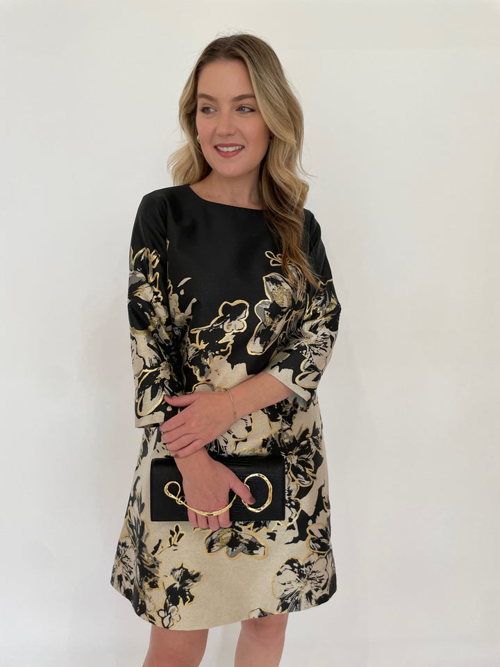 Caroline Rose Showstopper Jacquard Dress in Champagne/Black with Alexis Bittar Twisted Gold Side Handle Clutch Bag in Black available at Barbara Katz