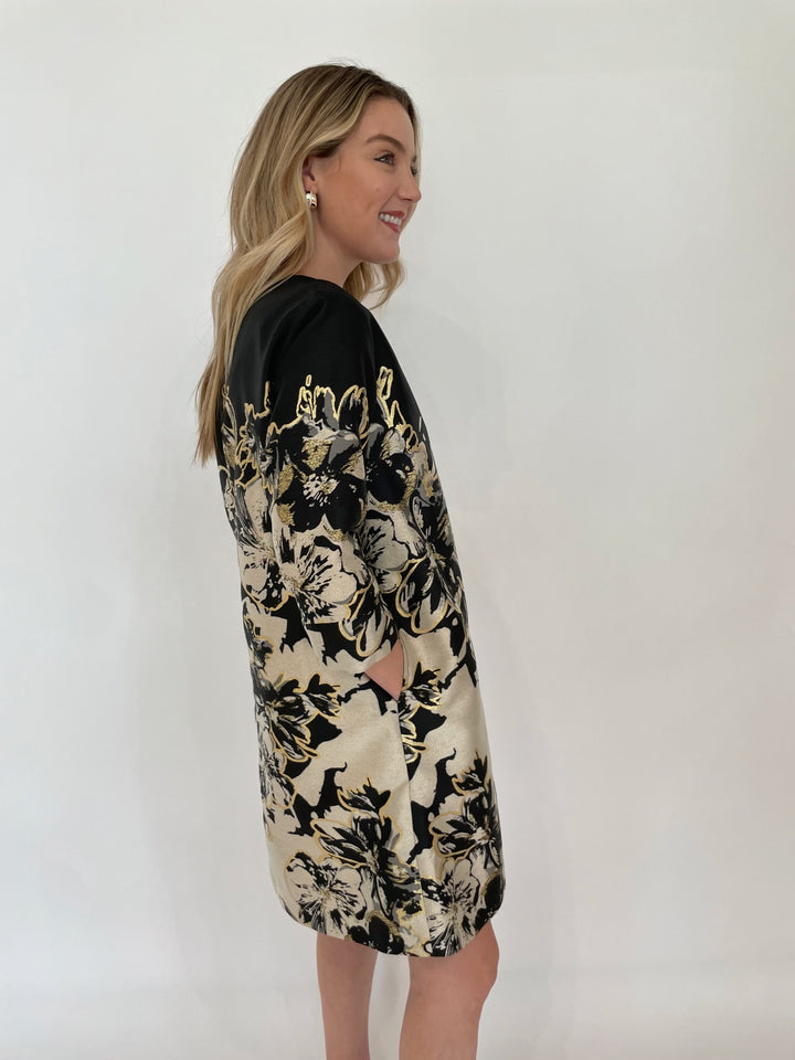 Caroline Rose Showstopper Jacquard Dress in Champagne/Black available at Barbara Katz