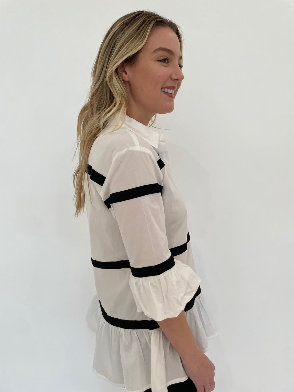 Dizzy-Lizzie Lexington Peplum Shirt With Ribbon Trim in White/Black available at Barbara Katz