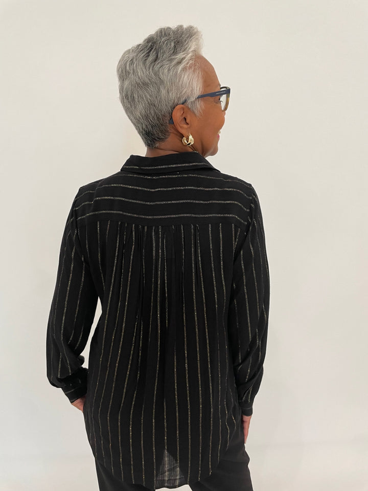 BK Starlight Stripe Lurex Shirt in Black with Melinda Maria She's So Smooth Pave Hoop Earrings in Gold available at Barbara Katz