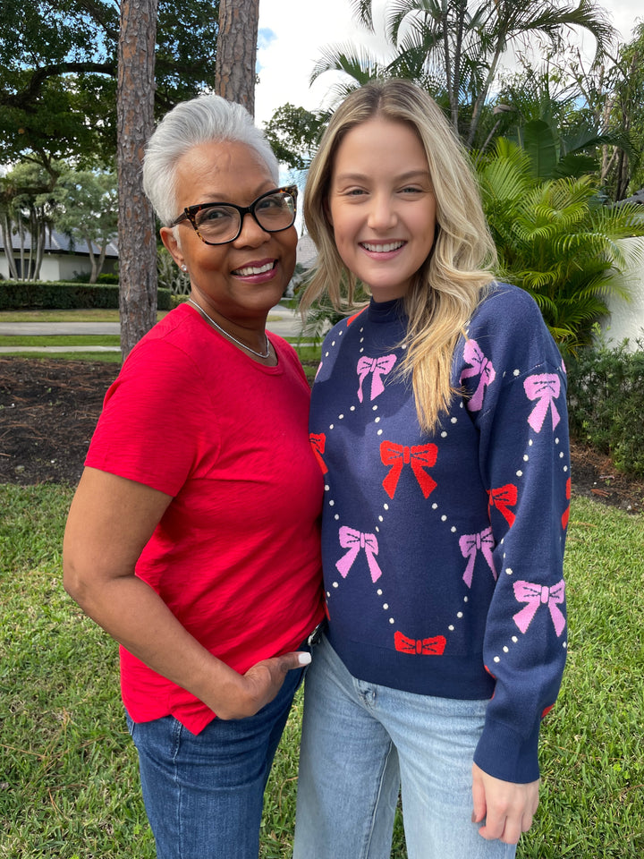 Goldie Signature Slub Boy Tee in Barbarados Cherry and BK Trudy Ribbon Knit Sweater in Navy available at Barbara Katz