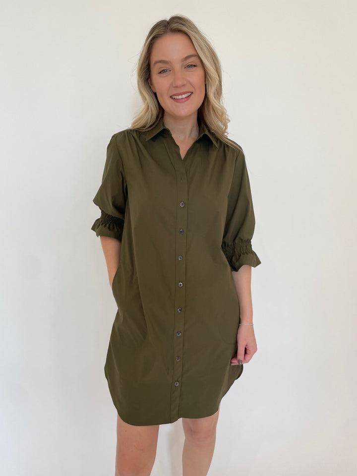 Finley Miller Weathercloth Shirt Dress in Olive available at Barbara Katz