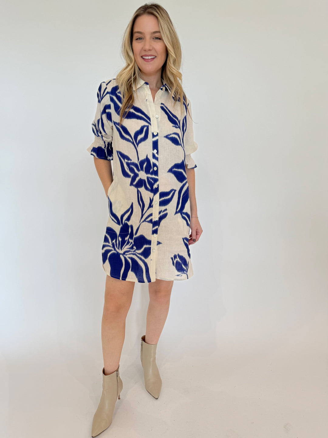 Miller Batik Print Shirt Dress in Natural/Royal Blue available at Barbara Katz