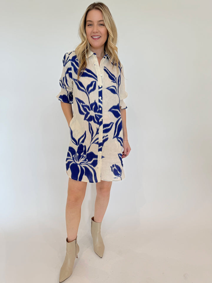 Miller Batik Print Shirt Dress in Natural/Royal Blue available at Barbara Katz