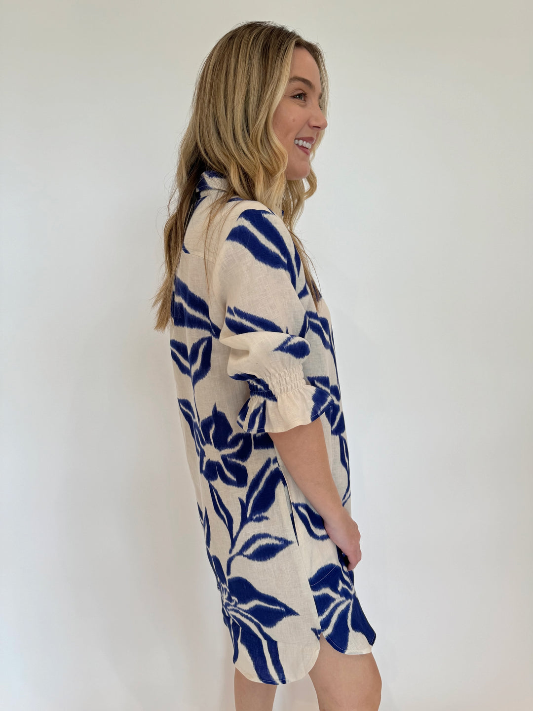 Miller Batik Print Mini Shirt Dress in Natural/Royal Blue available at Barbara Katz