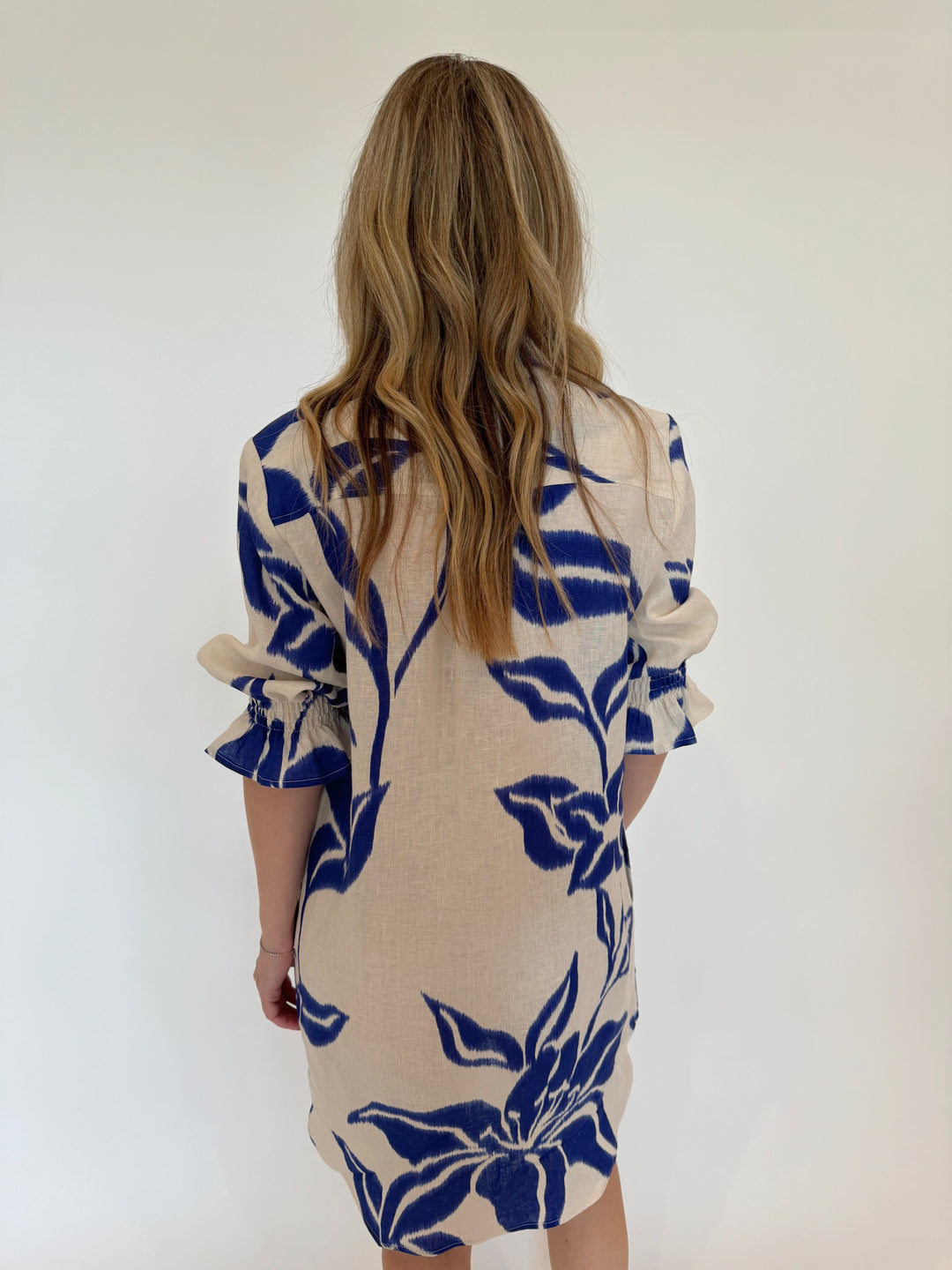 Miller Batik Print Shirt Dress in Natural/Royal Blue available at Barbara Katz