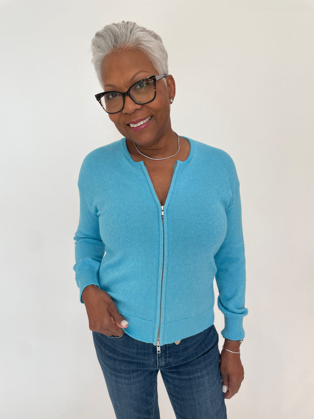 Pure Amici Megan Zip-Up Metallic Cardigan in Turquoise available at Barbara Katz