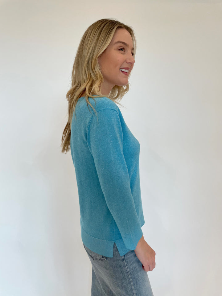 Pure Amici Heather 3/4 Sleeve V-Neck Metallic Sweater in Turquoise available at Barbara Katz