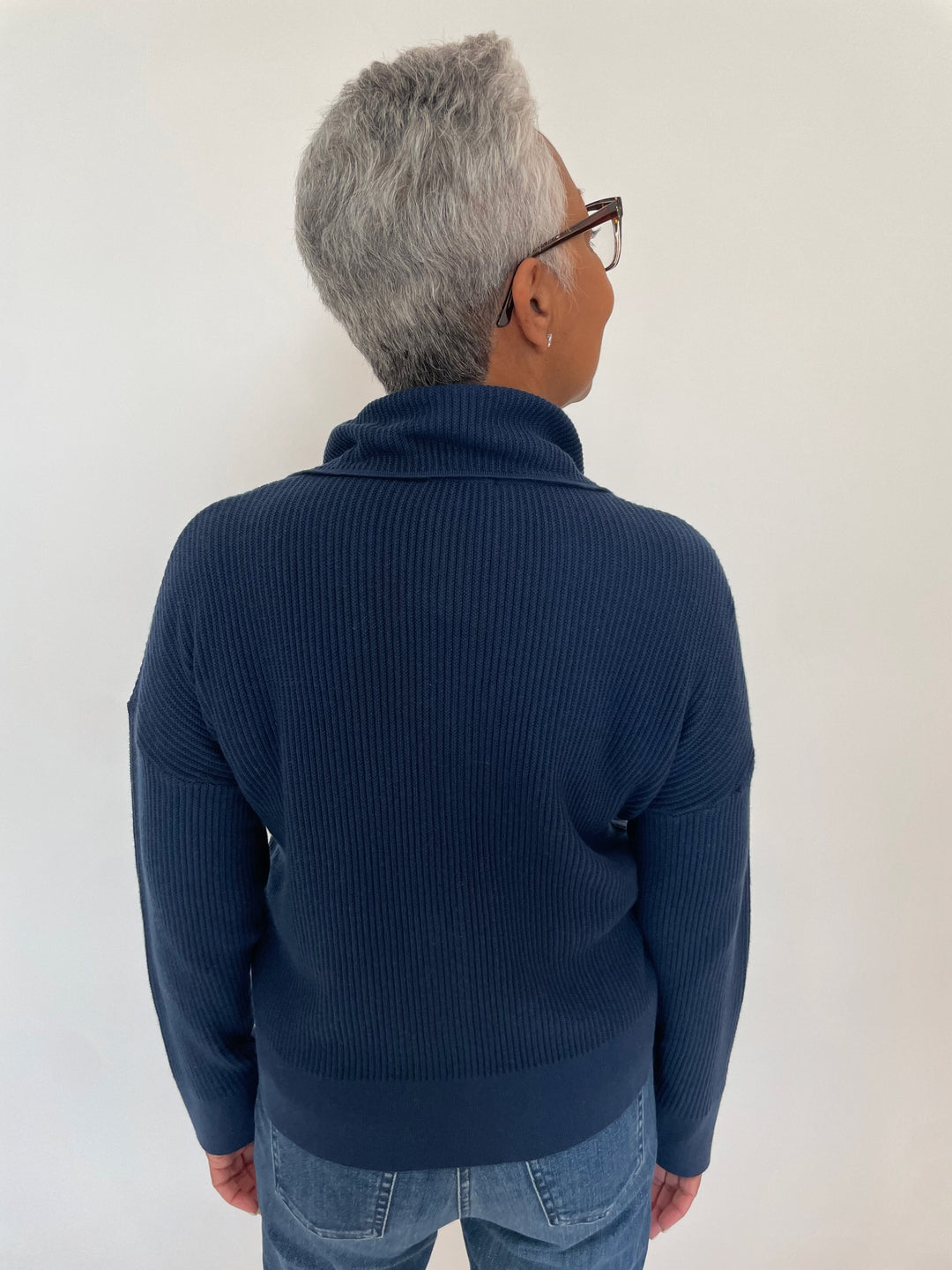 Pure Amici Esther Button-Down Collar Rib Sweater in Navy available at Barbara Katz