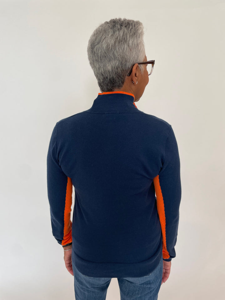 Pure Amici Taylor Polo Two-Tone Sweater in Navy/Orange available at Barbara Katz