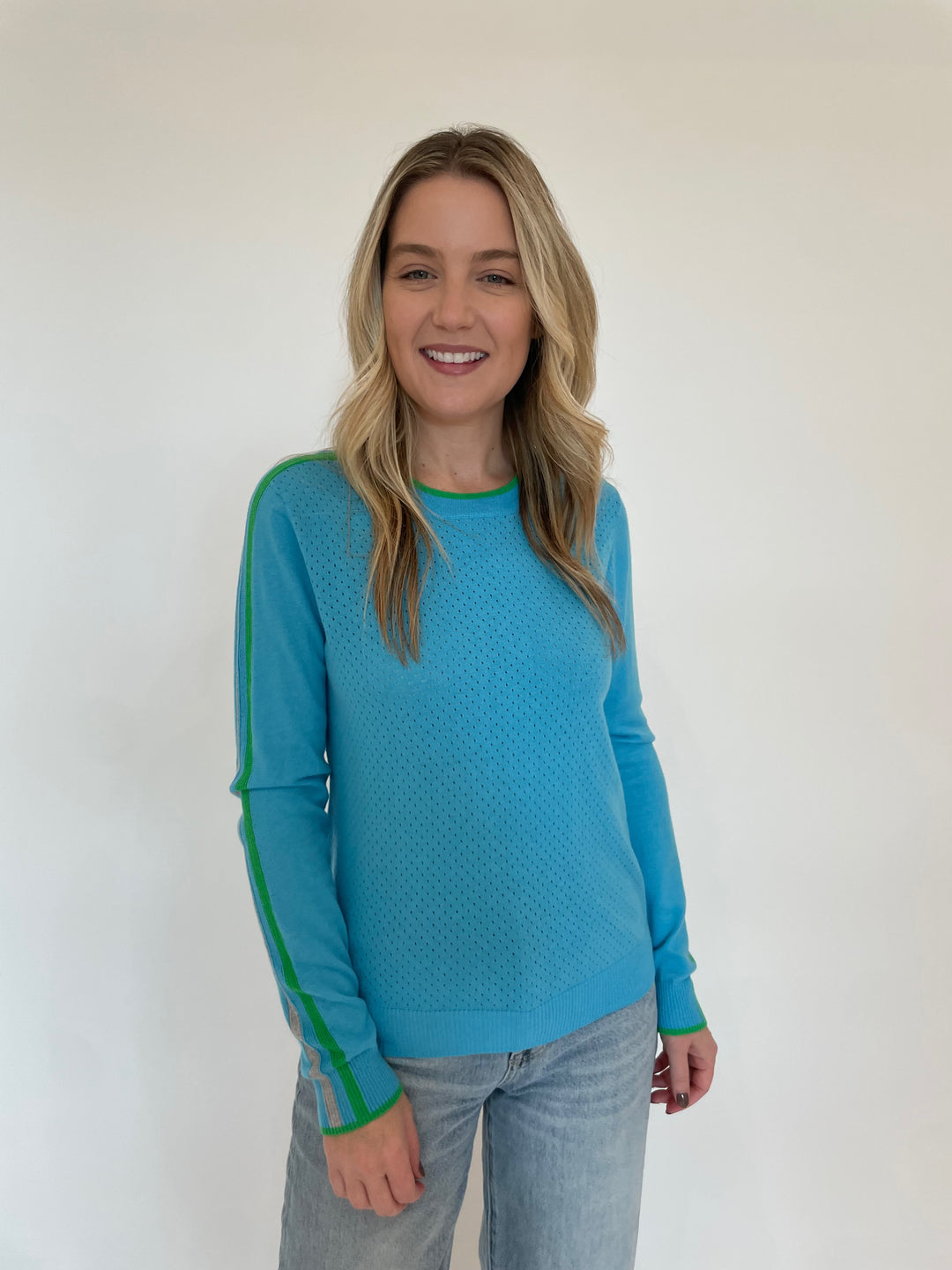 Pure Amici Mayer Crew Neck With Trim Sweater in Turquoise/Green available at Barbara Katz