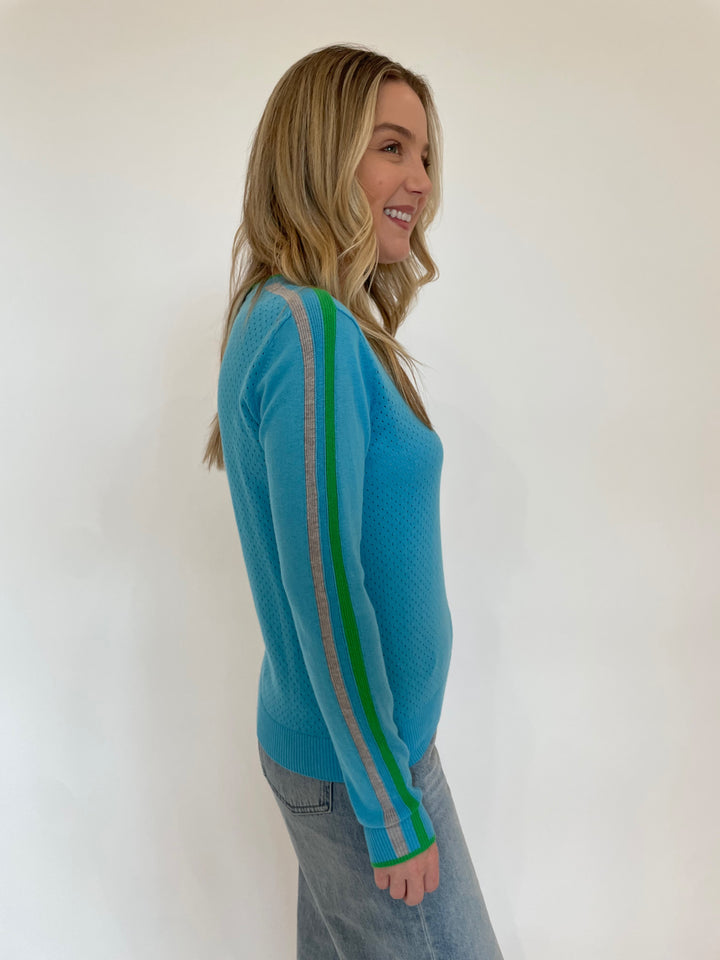 Pure Amici Mayer Crew Neck With Trim Long Sleeve Sweater in Turquoise/Green available at Barbara Katz