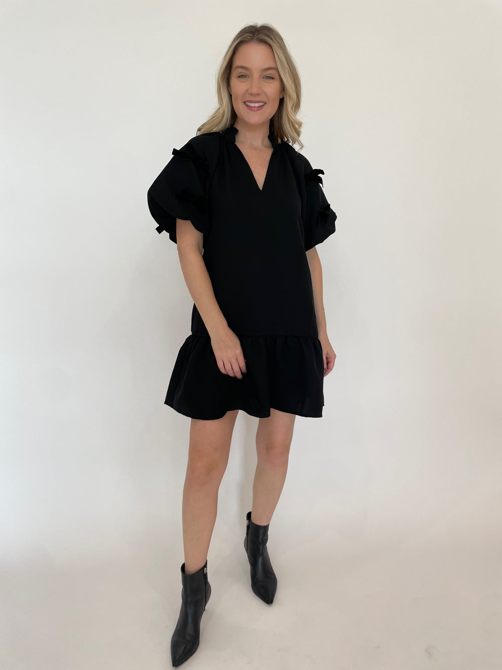 BK Lucy Bow Mini Dress in Black available at Barbara Katz