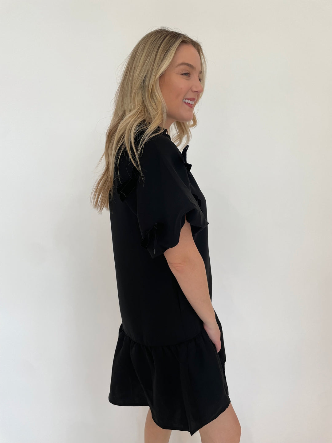 BK Lucy Bow Sleeve Short Dress in Black available at Barbara Katz