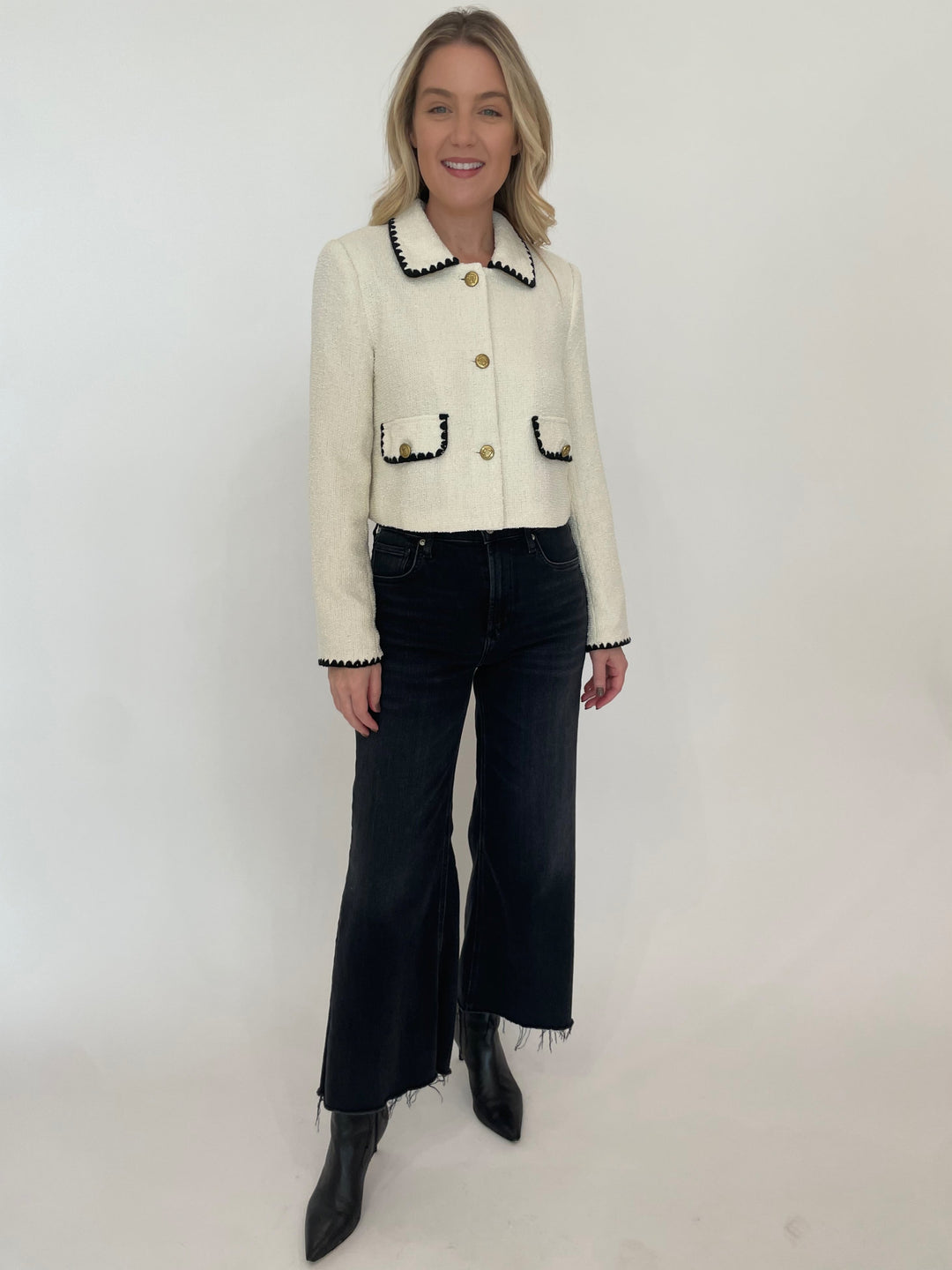 BK Contrast Trim Button Down Cropped Blazer in Ivory paired with Citizenz of Humanity Lyra Crop Wide Leg Jeans in Medallion available at Barbara Katz