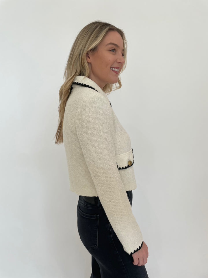 BK Contrast Trim Button Down Long Sleeve Cropped Blazer in Ivory paired with Citizenz of Humanity Lyra Crop Wide Leg Jeans in Medallion available at Barbara Katz