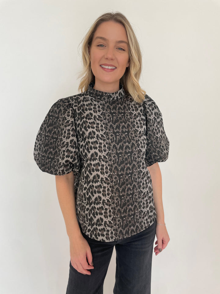 BK Paula Leopard Puff Sleeve Top in Taupe available at Barbara Katz