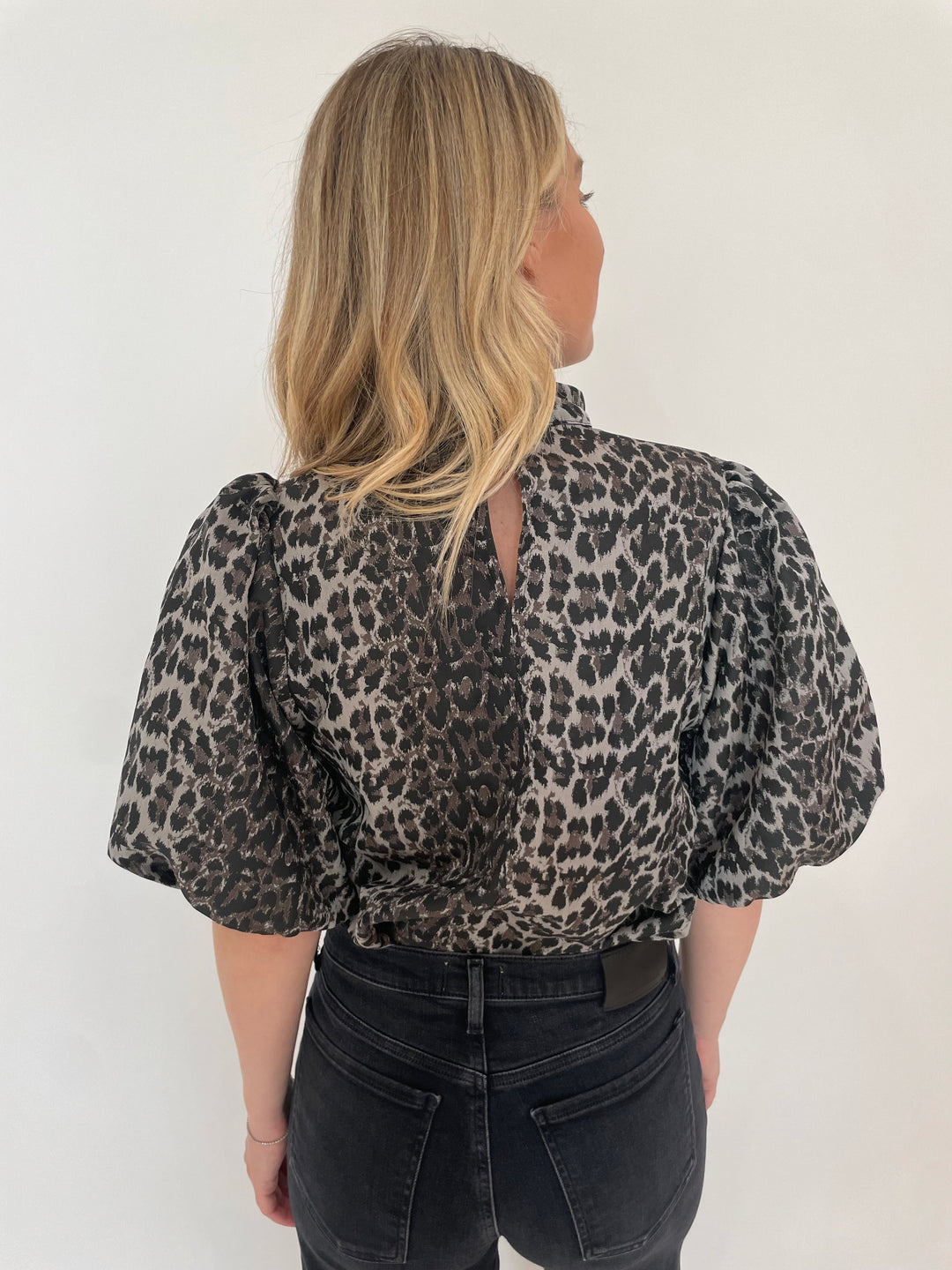 BK Paula Leopard Puff Sleeve Top in Taupe available at Barbara Katz