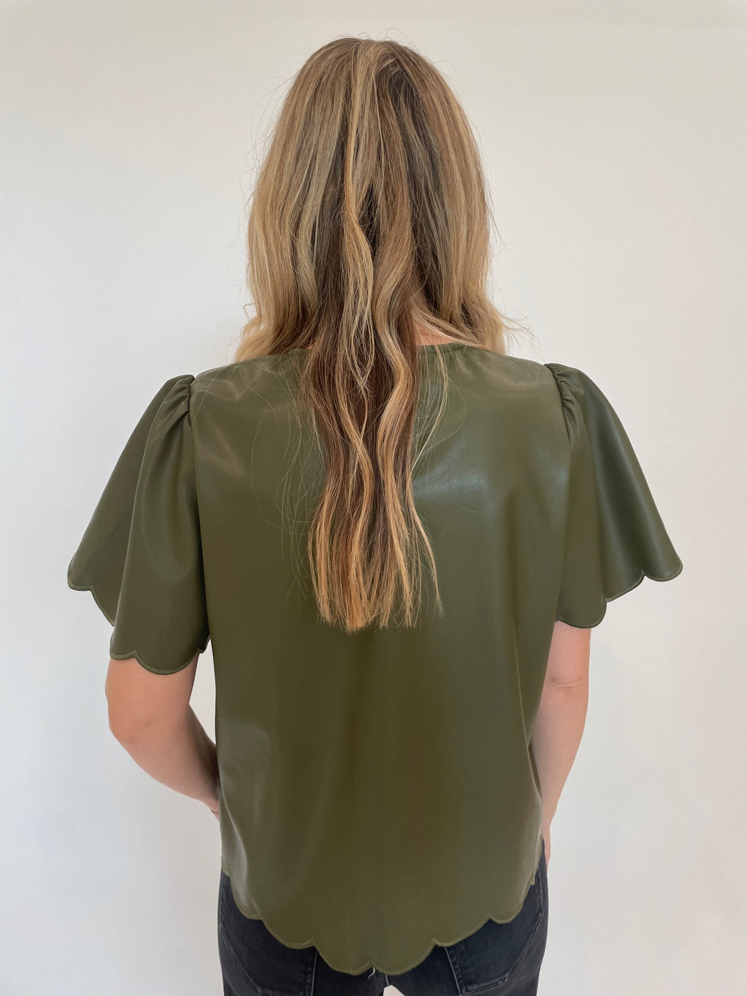 BK Tiffany Vegan Leather Scallop Top in Olive available at Barbara Katz