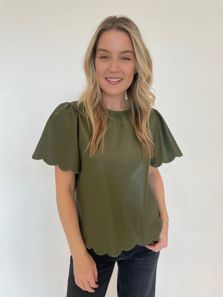 BK Tiffany Vegan Leather Scallop Top in Olive available at Barbara Katz