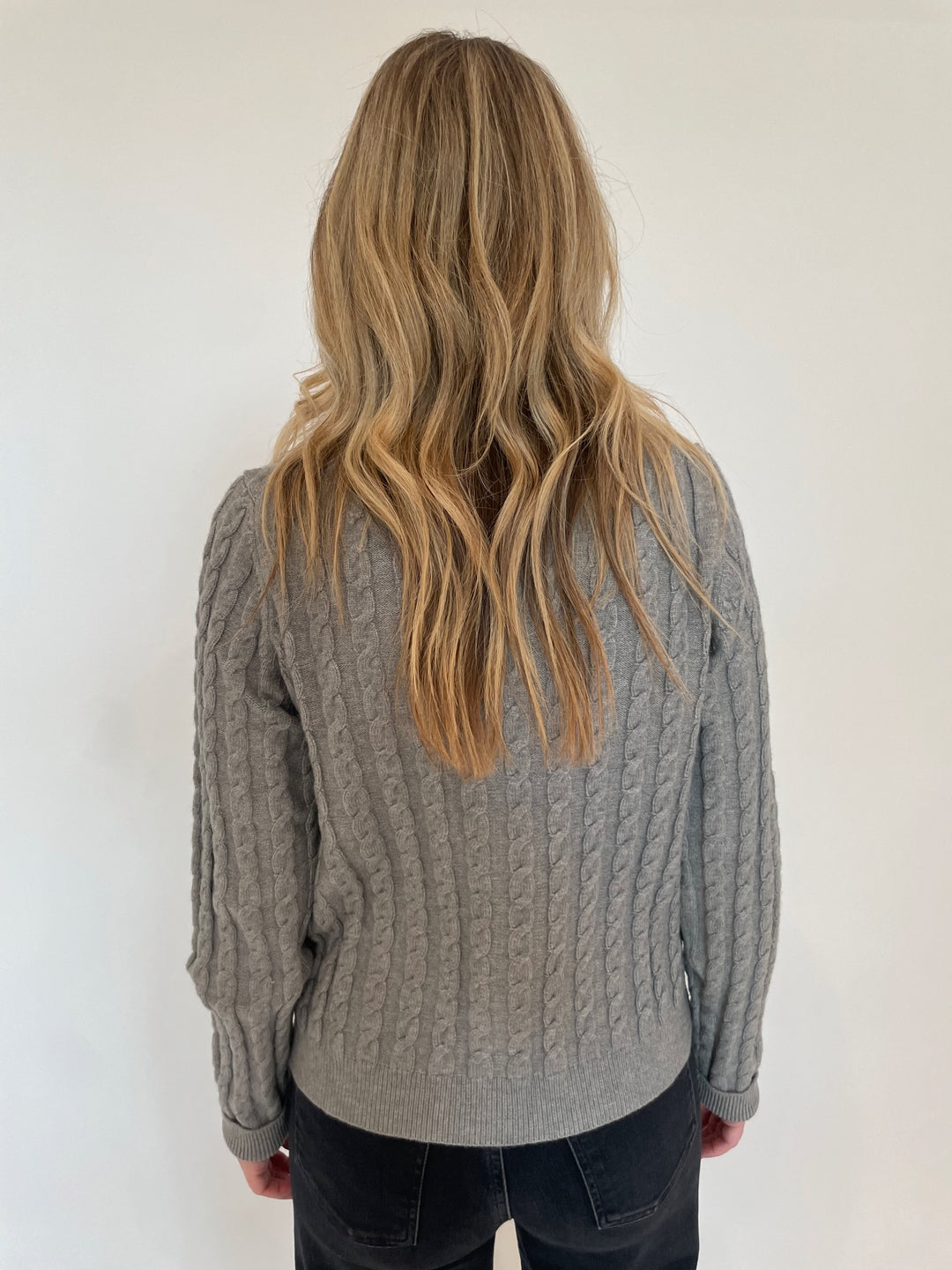 BK Tina Cable Knit Cardigan in Gray available at Barbara Katz