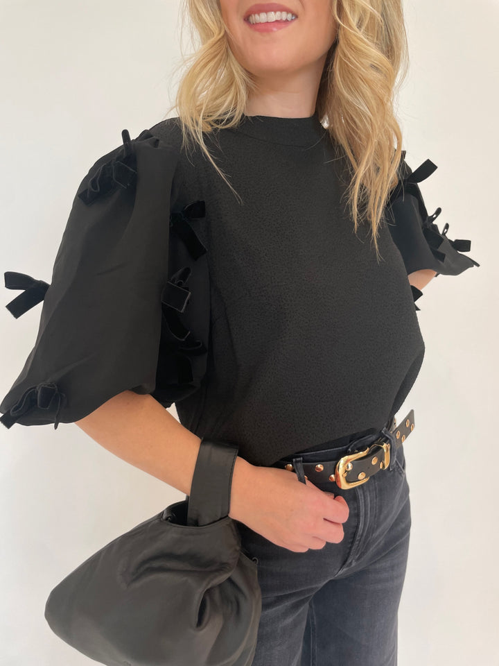 BK Charlie Bow Puff Sleeve Top in Black with Daniella Lehavi Luna Bag in Black Leather available at Barbara Katz