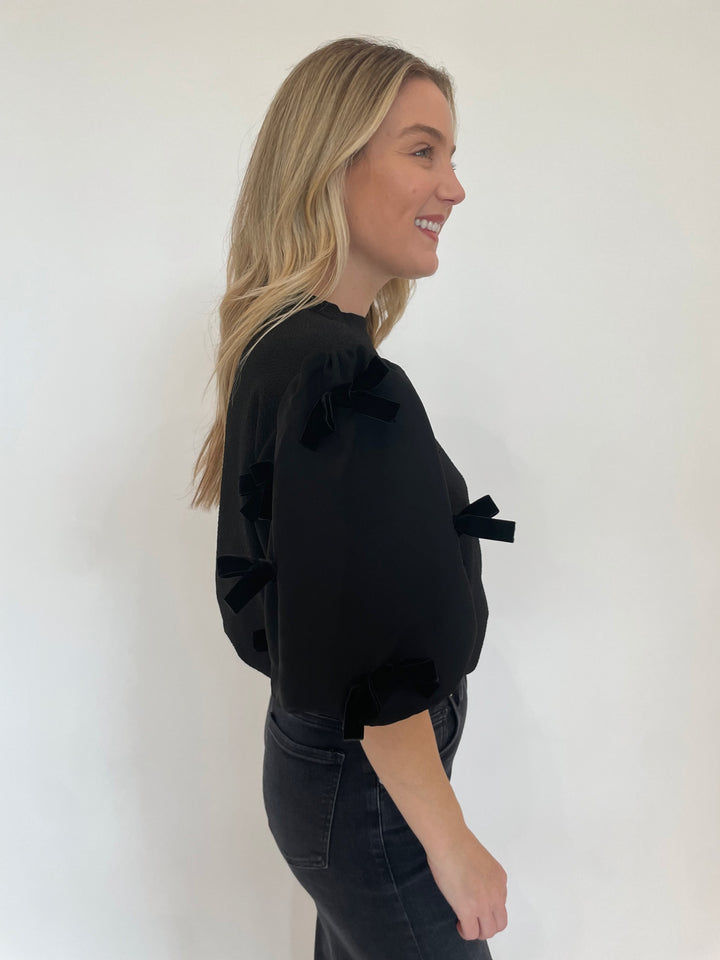 BK Charlie Bow Short Puff Sleeve Top in Black available at Barbara Katz