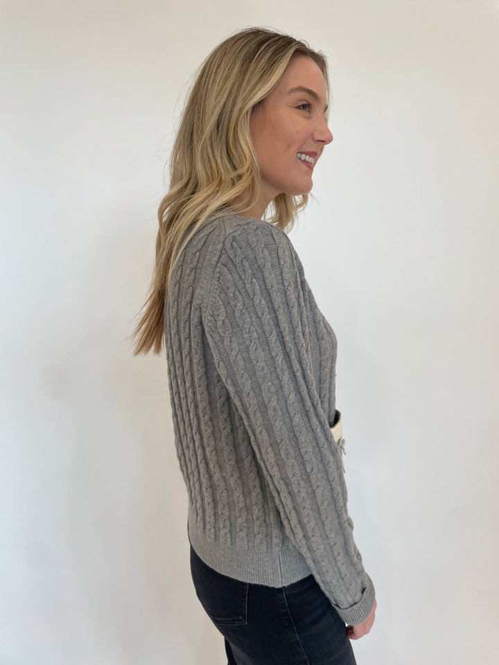 BK Tina Cable Knit Long Sleeve Cardigan in Gray available at Barbara Katz