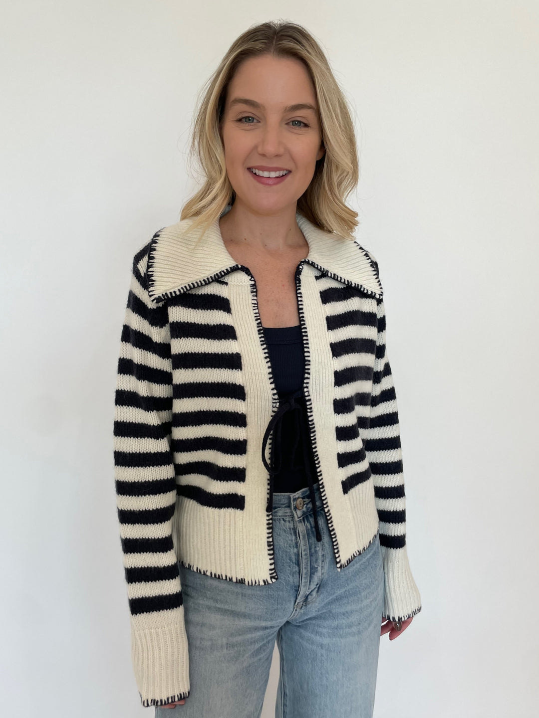 BK Sailor Collar Tie Front Knit Cardigan in Ivory/Black available at Barbara Katz