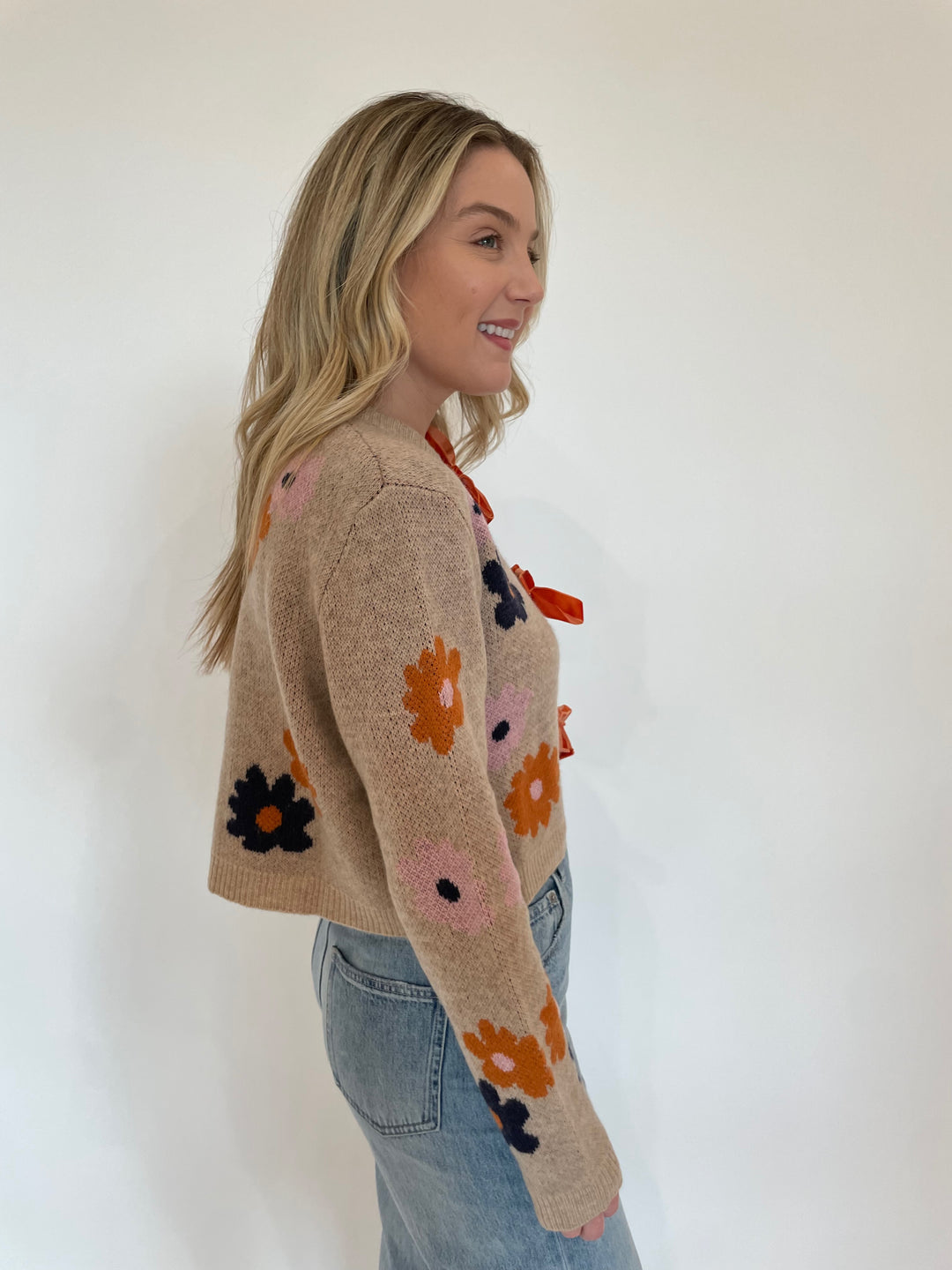 BK Daisy Flower Knit Long Sleeve Cardigan in Beige available at Barbara Katz