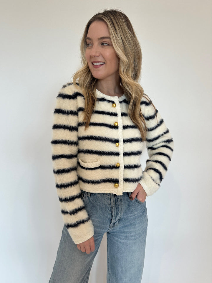 BK Fuzzy Striped Button Cardigan in Ivory available at Barbara Katz