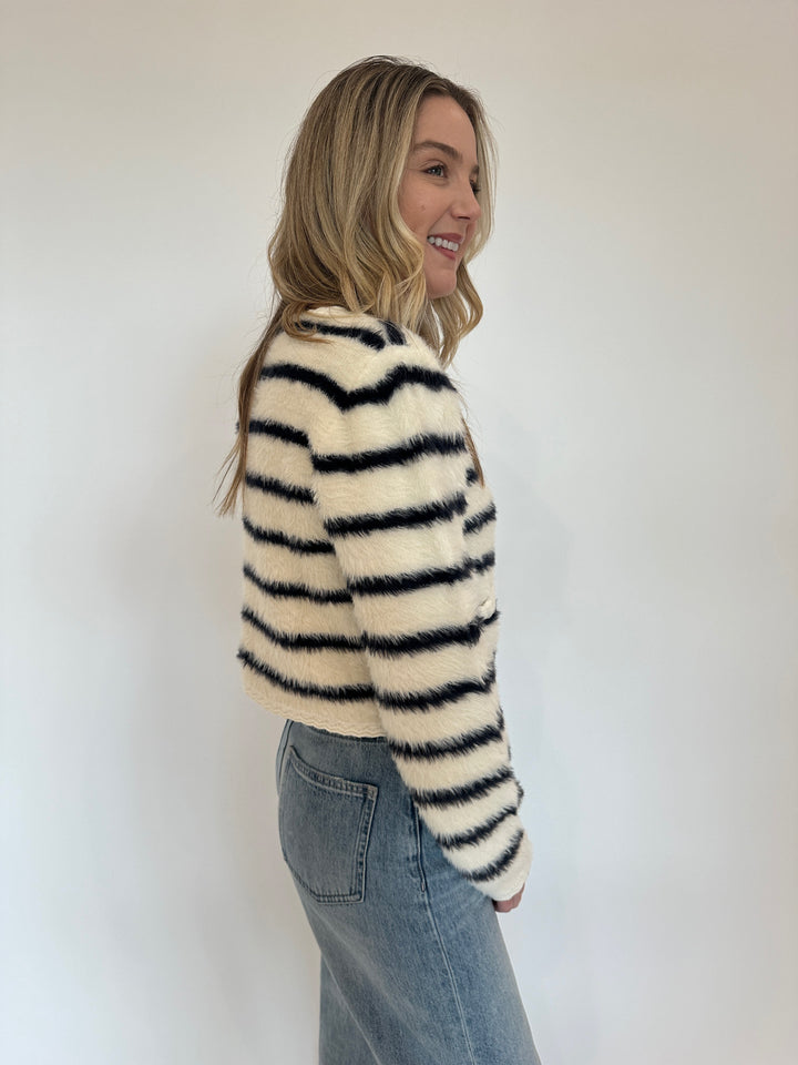 BK Fuzzy Striped Long Sleeve Cardigan in Ivory available at Barbara Katz